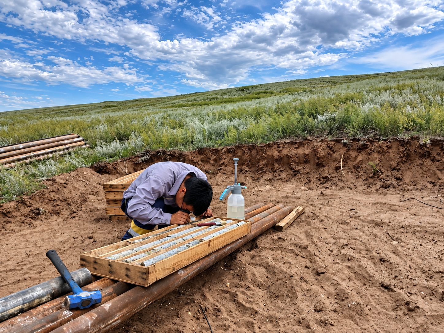 A field worker logging drill core beside the excavation.