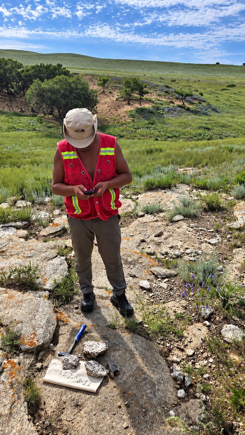 Collected rock samples at an exposed outcrop.