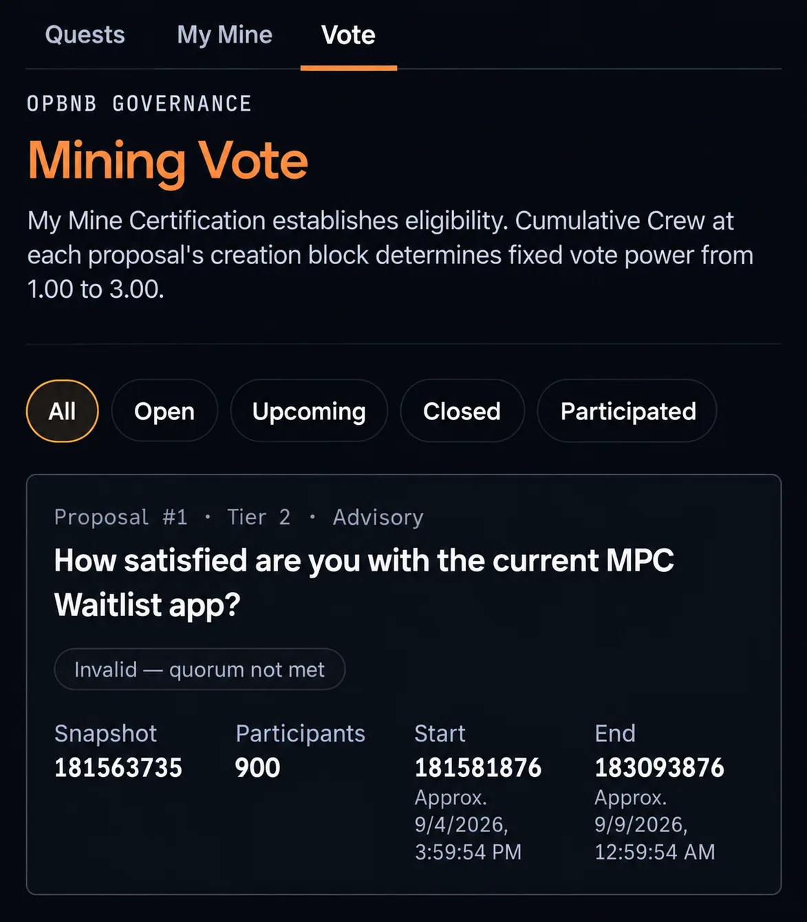 The My Mine Vote governance overview, showing proposal status, voting period, snapshot details and participation.